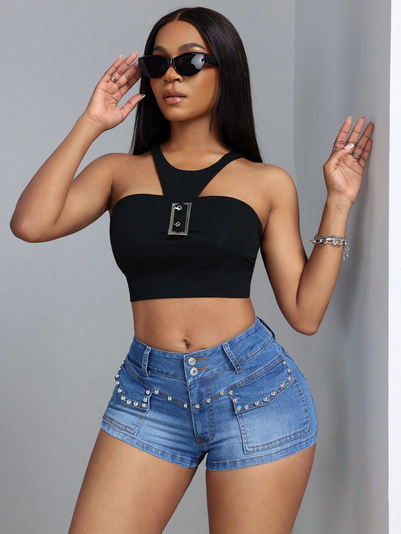 Women’s Denim Shorts - Beaded Mid-Waist Blue My Store