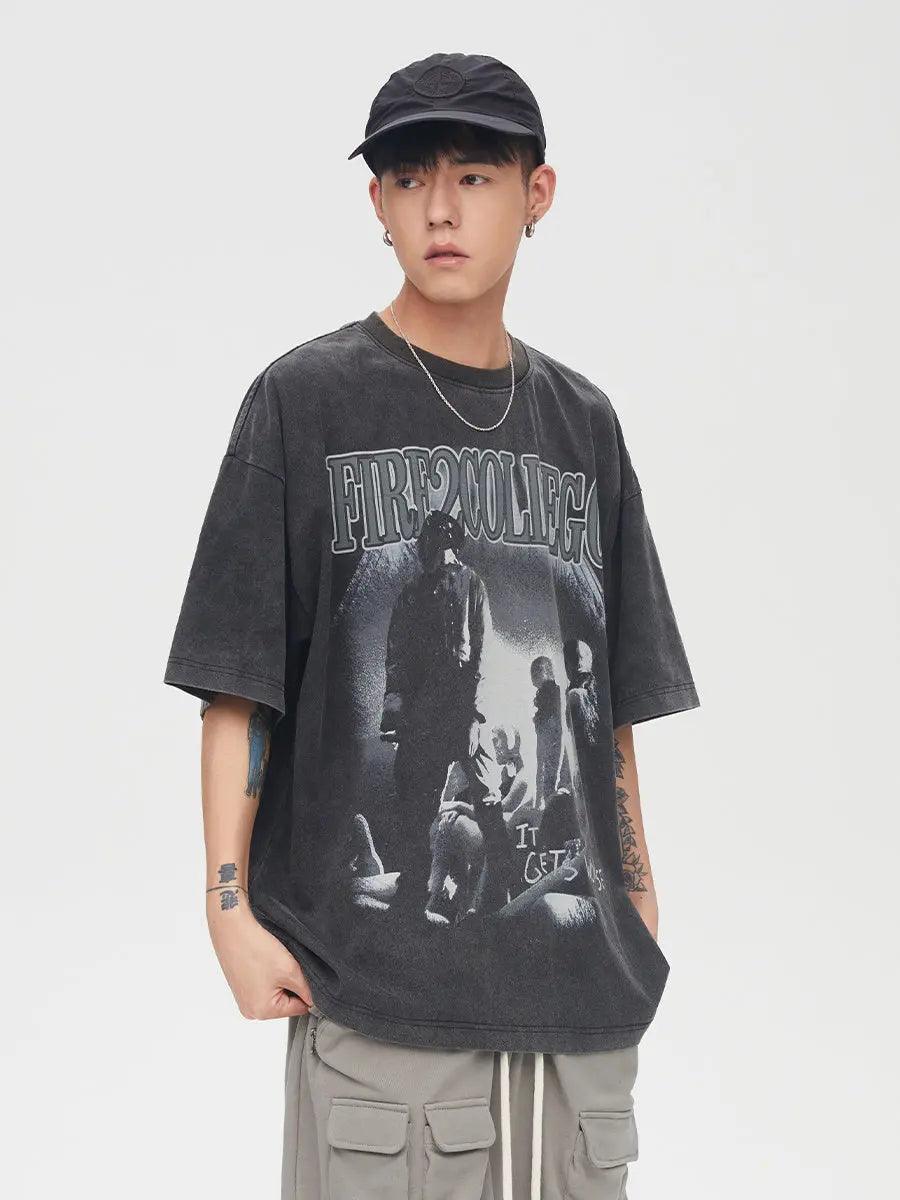 Vintage T-shirts Washed Print Short Sleeve - MRC STORE