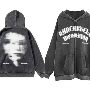 American Oversize Vintage Distressed Letter Print Zipper Hoodie – Artistic Retro Style - MRC STORE