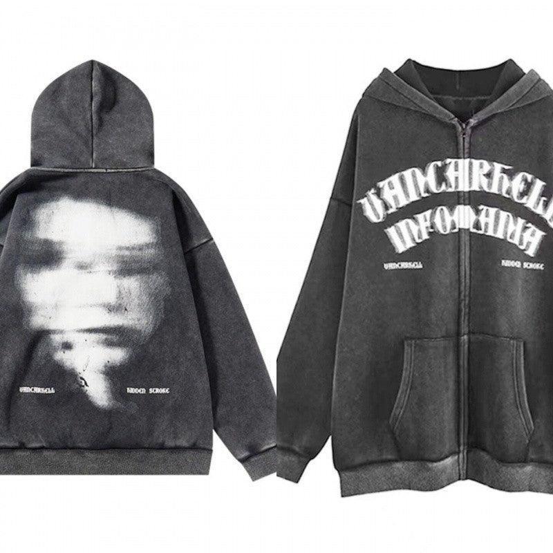 American Oversize Vintage Distressed Letter Print Zipper Hoodie – Artistic Retro Style - MRC STORE