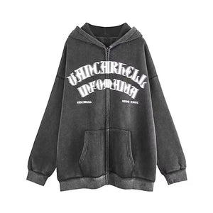 American Oversize Vintage Distressed Letter Print Zipper Hoodie – Artistic Retro Style - MRC STORE