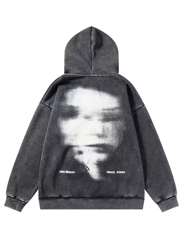 American Oversize Vintage Distressed Letter Print Zipper Hoodie – Artistic Retro Style - MRC STORE