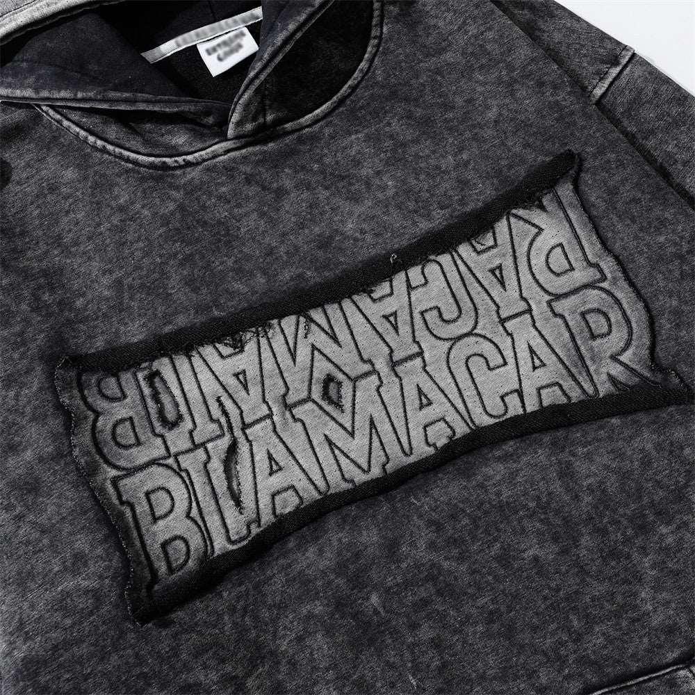 Vintage Black Acid Wash Hoodie with Embroidered Logo Patch - MRC STORE