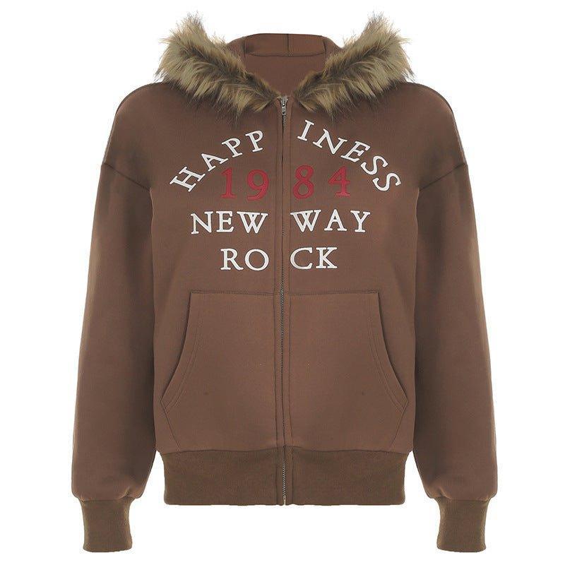 American Retro Fur Collar Hooded Zipper Sweatshirt for Women - Street Hipster Style in Brown - MRC STORE