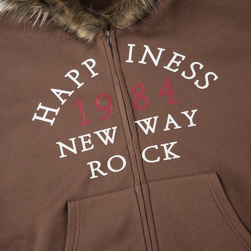 American Retro Fur Collar Hooded Zipper Sweatshirt for Women - Street Hipster Style in Brown - MRC STORE