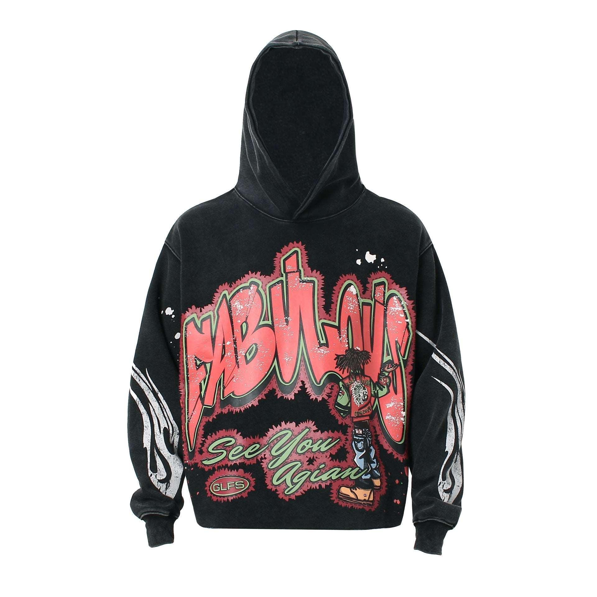 American Street Fashion Water-Washed Printed Hoodie - MRC STORE