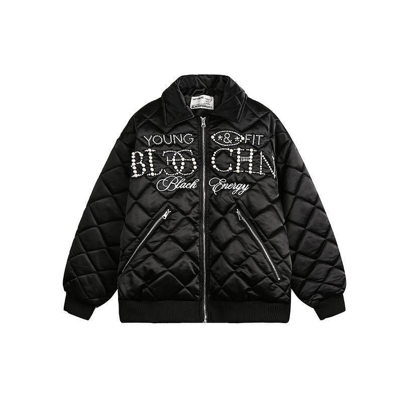 American street jacket High Street Loose - Fit Cotton - MRC STOREJacketsMy StoreA black cotton coat jacket with a quilted design, featuring text embroidery, zippered pockets, and a loose - fit cardigan style.MRC STORECJPK224138803CXBlackL