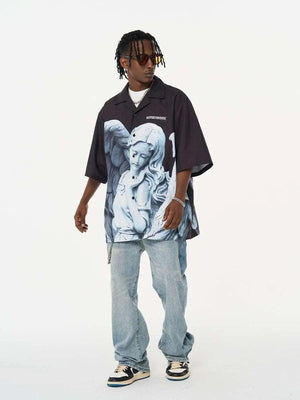 Angel Plaster Print Cuban Collar Shirt - MRC STORE