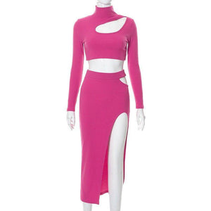 Women's Fashion Autumn Sunken Stripe Top & Mid Skirt Set – Chic Long Sleeve Fashion for Women - MRC STORE