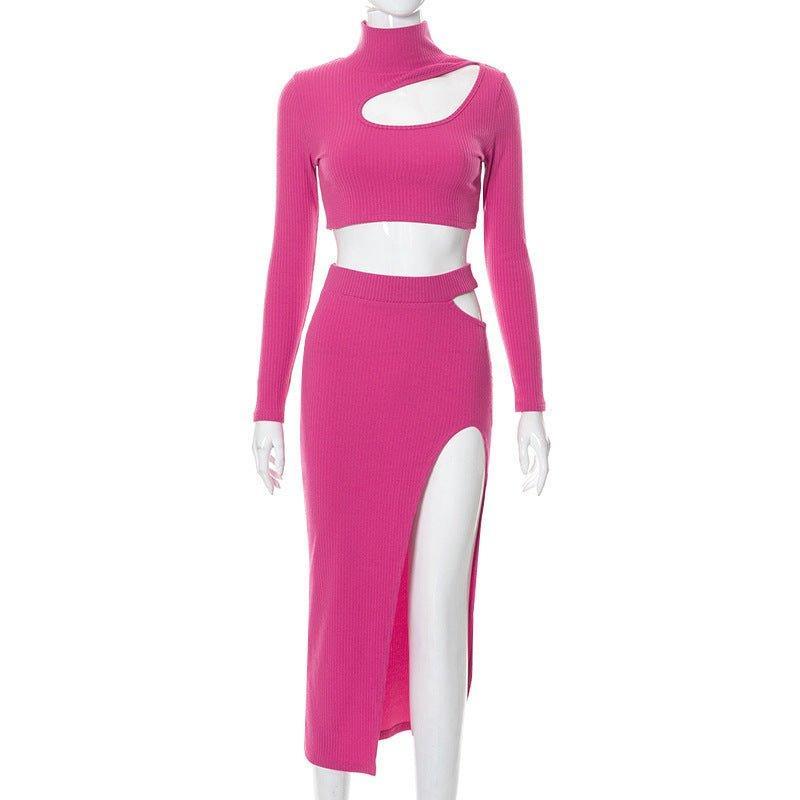 Women's Fashion Autumn Sunken Stripe Top & Mid Skirt Set – Chic Long Sleeve Fashion for Women - MRC STORE