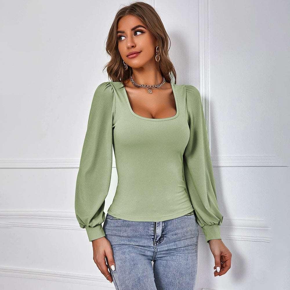 Avocado Green Puff Sleeve Knitted Top - MRC STORE