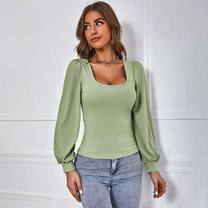 Avocado Green Puff Sleeve Knitted Top - MRC STORE