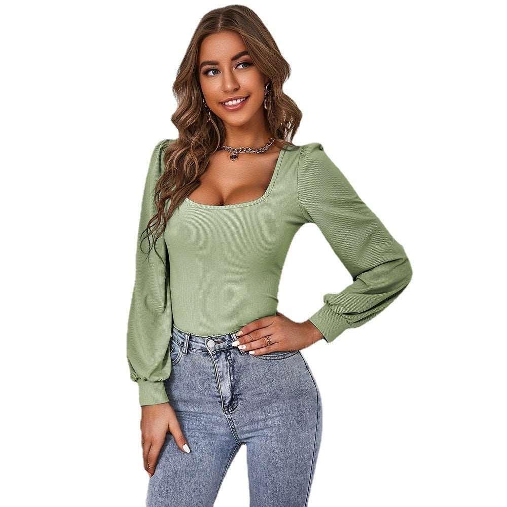 Avocado Green Puff Sleeve Knitted Top - MRC STORE
