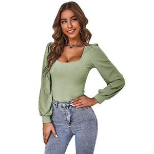 Avocado Green Puff Sleeve Knitted Top - MRC STORE