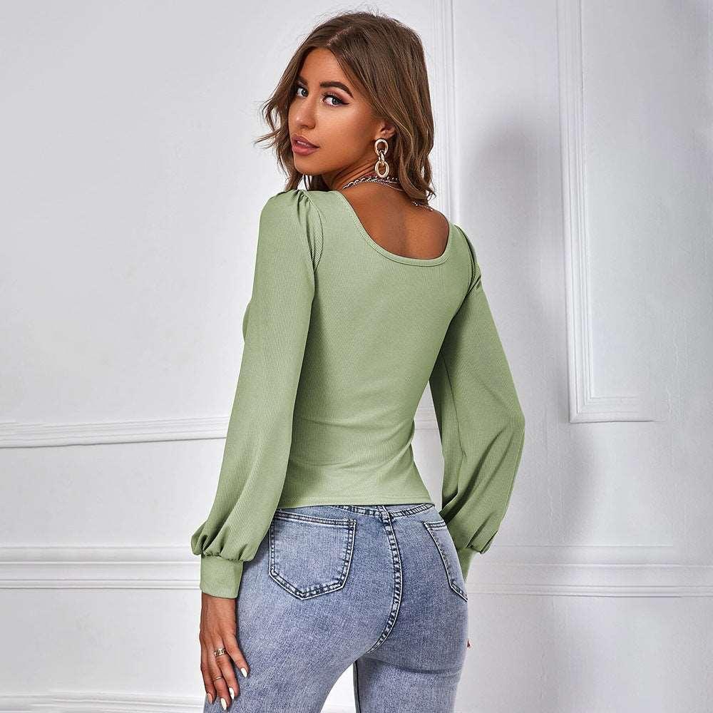 Avocado Green Puff Sleeve Knitted Top - MRC STORE