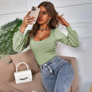 Avocado Green Puff Sleeve Knitted Top - MRC STORE