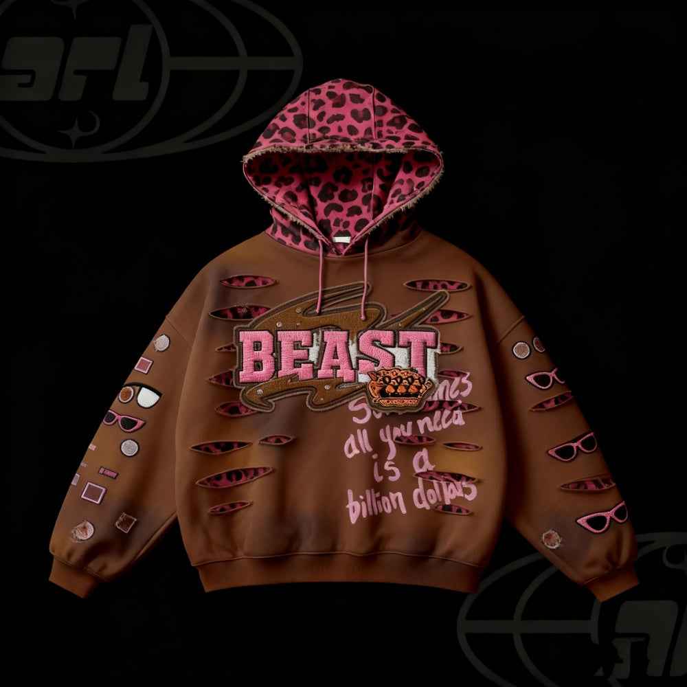 Brown hoodie with pink leopard print hood and 'BEAST' text on a dark background