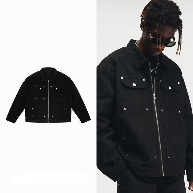 Men's Black Washed Denim Jacket with Zipper and Pocket Detailing - Retro Streetwear Style - MRC STORE