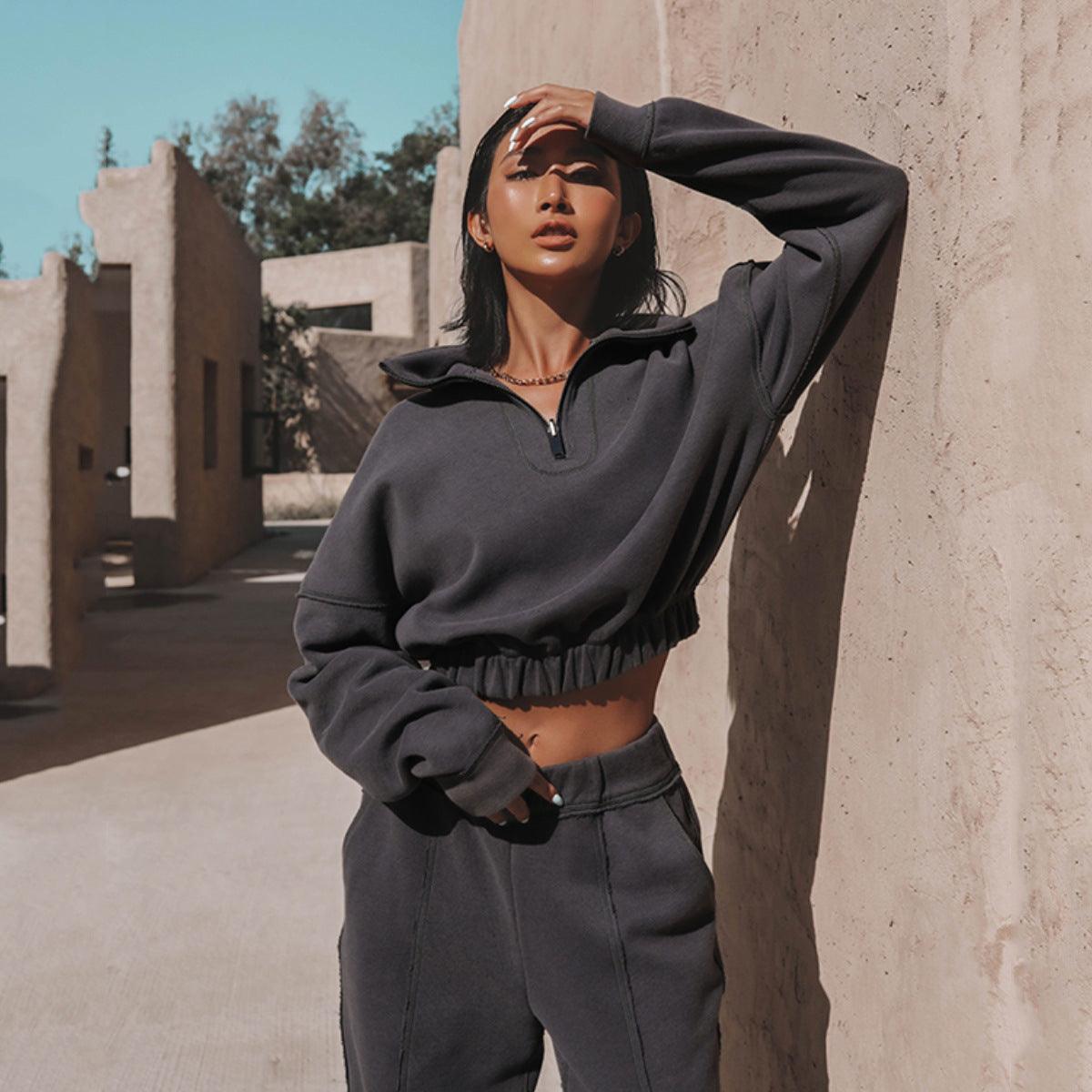 Long Sleeve Turtleneck Zipper Sweatshirt with Loose Straight-Leg Pants - Stylish & Comfortable - MRC STORE