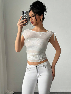 Women’s Sequined T-Shirt - Off-Shoulder Mesh My Store  27.05