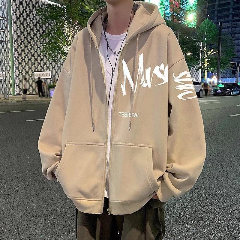 Hong Kong Style Letter Printed Full Zip Hoodie – Cozy & Stylish Outerwear for Youth - MRC STORE