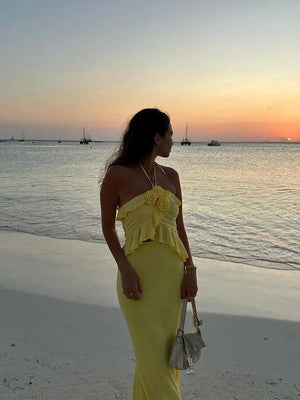 Yellow Halter Spaghetti Strap High Waist Skirt Suit - MRC STORE