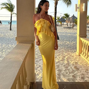 Yellow Halter Spaghetti Strap High Waist Skirt Suit - MRC STORE