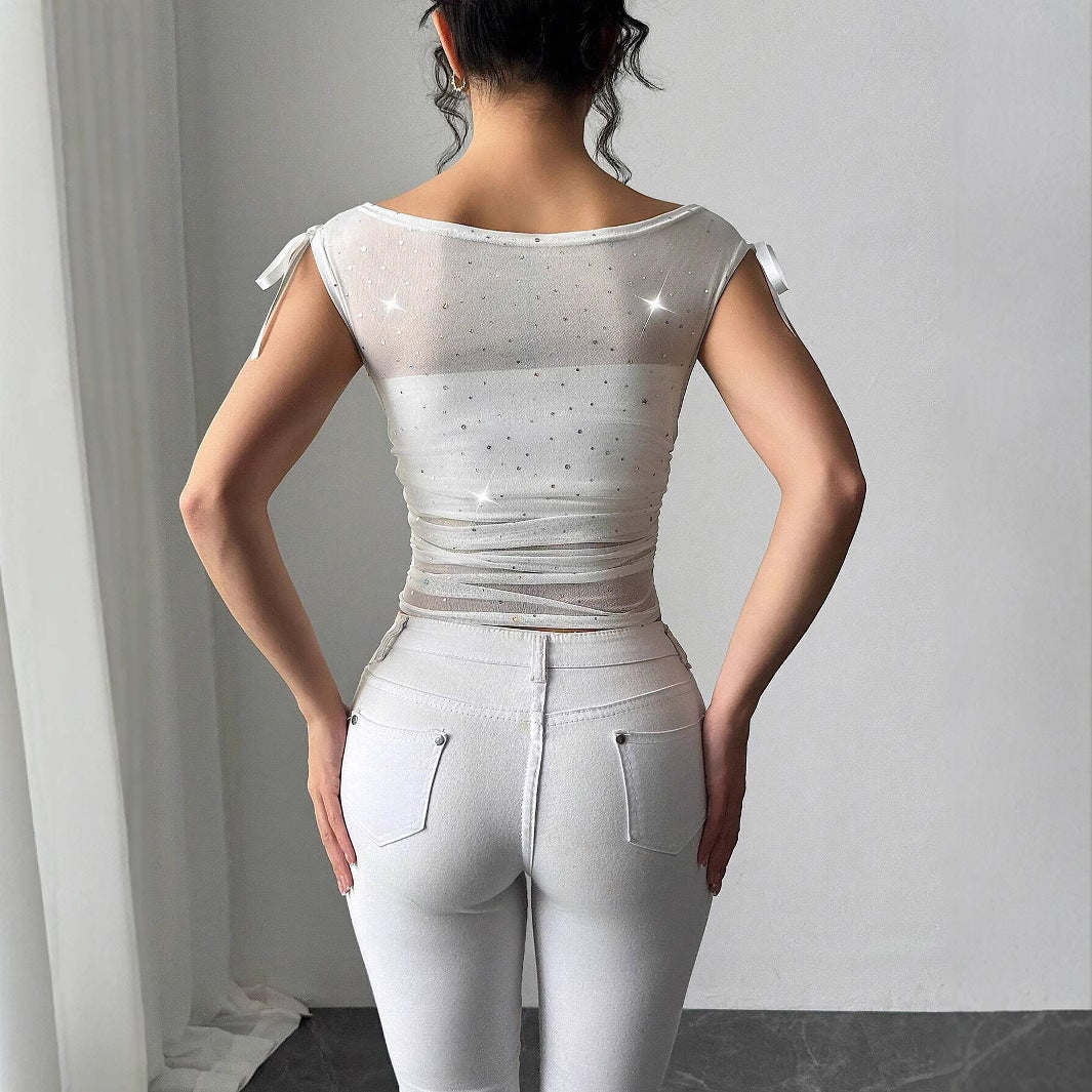 Women’s Sequined T-Shirt - Off-Shoulder Mesh My Store