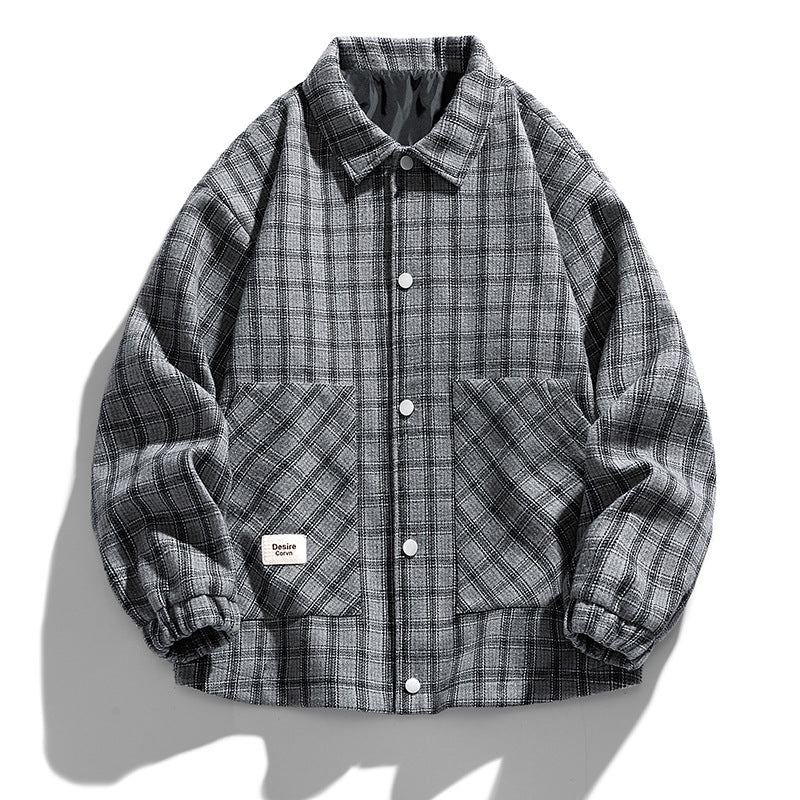 Plaid jacket with button details on a white background