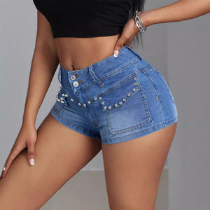Women’s Denim Shorts - Beaded Mid-Waist Blue My Store