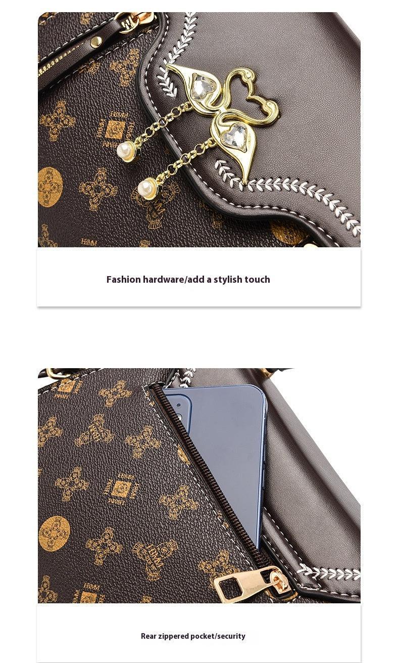 Elegant European Retro Shoulder Bag with Gold Flamingo Detail and Printed Design - MRC STORE