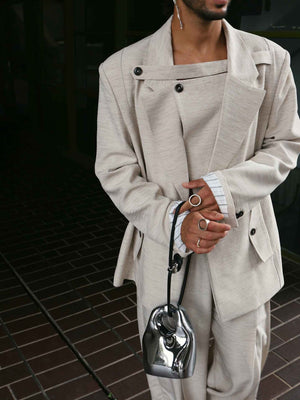 Beige Textured Oversized Three - Piece Blazer Set - MRC STOREsetMRC STOREBeige Textured Oversized Three - Piece Blazer SetMRC STORECJMS246887005EVBeige2XL