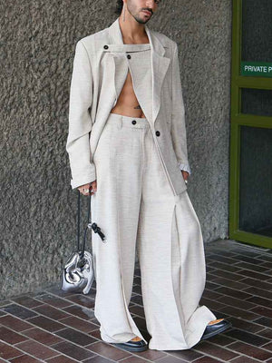 Beige Textured Oversized Three - Piece Blazer Set - MRC STOREsetMRC STOREBeige Textured Oversized Three - Piece Blazer SetMRC STORECJMS246887005EVBeige2XL