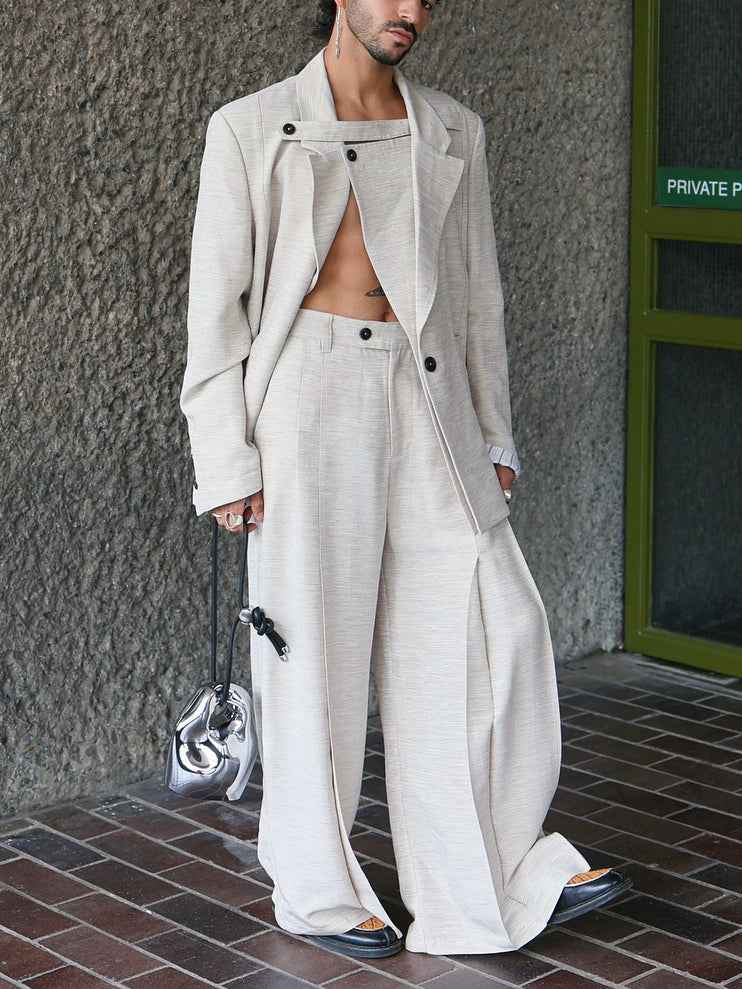 Beige Textured Oversized Three - Piece Blazer Set - MRC STOREsetMRC STOREBeige Textured Oversized Three - Piece Blazer SetMRC STORECJMS246887005EVBeige2XL