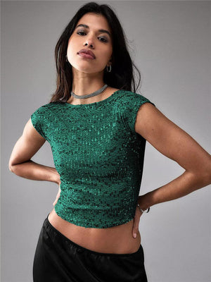 Shine Bright in Our Women's Tops Casual Short Sequin - MRC STORE