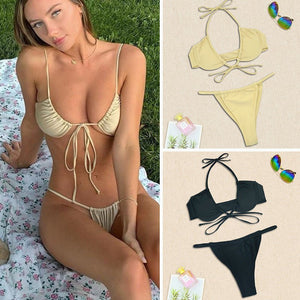 Bikini Swimsuit - Fashion Split Design - MRC STOREbikini setMy StoreWoman in a yellow bikini sitting on grass, with black bikini set and sunglasses on beige background.MRC STORECJYJ197386103CXBlackL