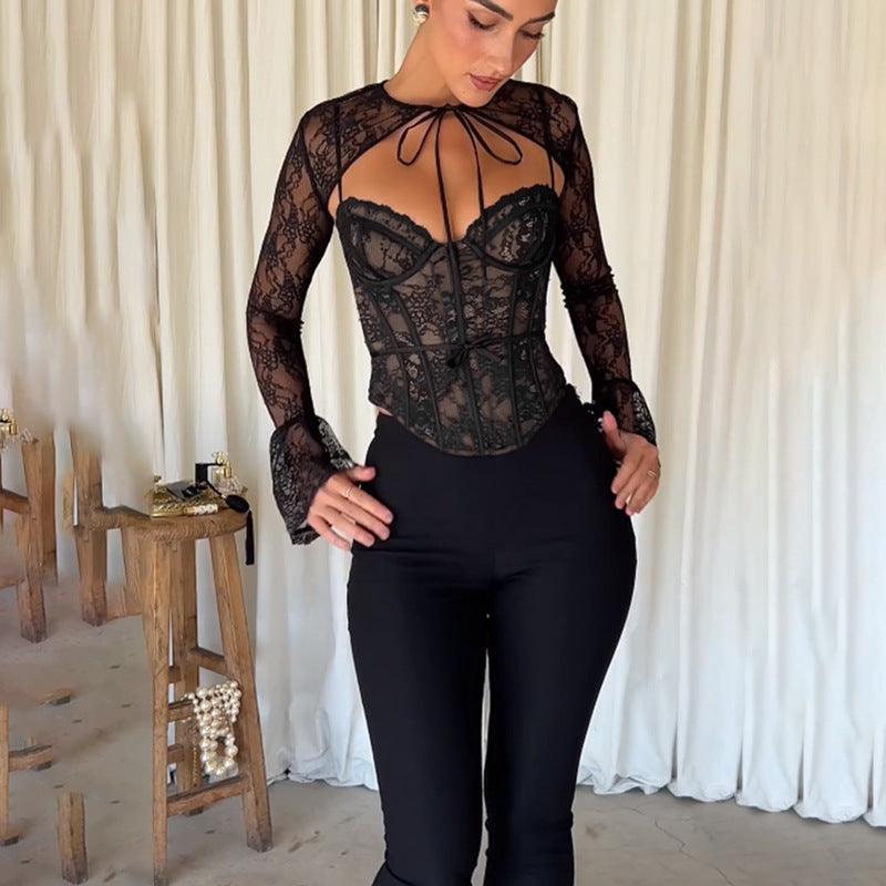 Black Lace Corset Top - Sheer Long Sleeve Slim-Fit with Delicate Embroidery - MRC STORE