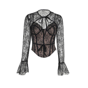 Black Lace Corset Top - Sheer Long Sleeve Slim-Fit with Delicate Embroidery - MRC STORE