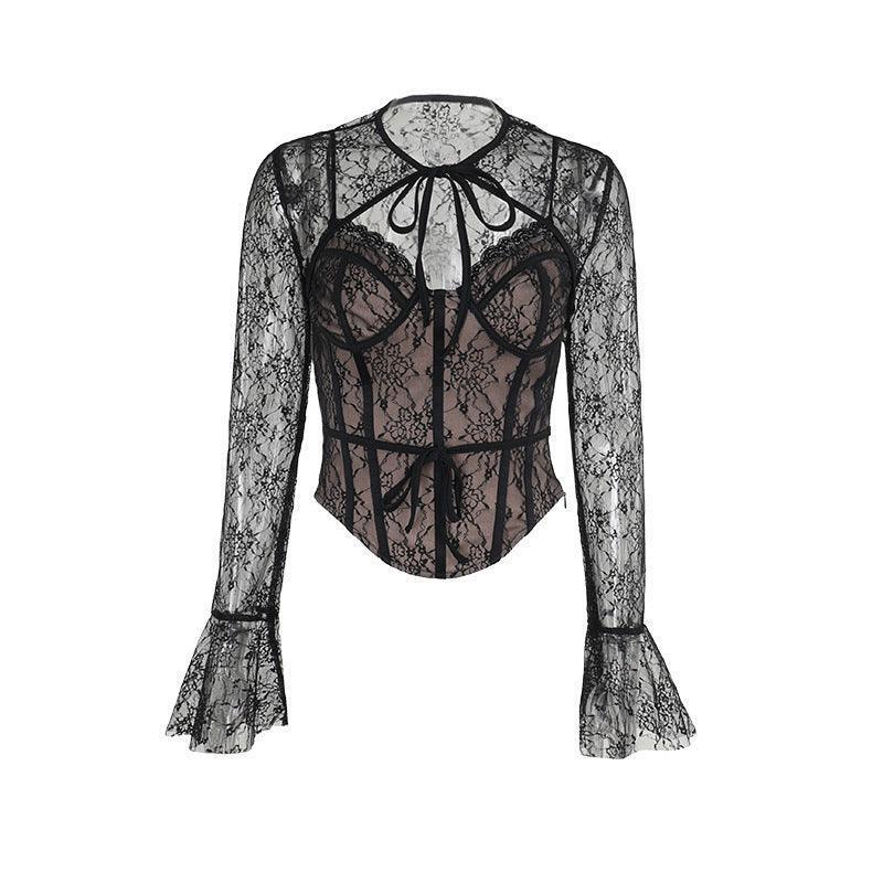 Black Lace Corset Top - Sheer Long Sleeve Slim-Fit with Delicate Embroidery - MRC STORE