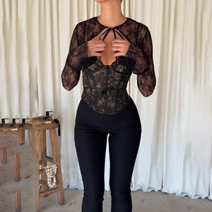 Black Lace Corset Top - Sheer Long Sleeve Slim-Fit with Delicate Embroidery - MRC STORE