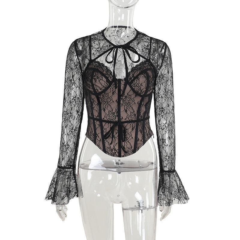 Black Lace Corset Top - Sheer Long Sleeve Slim-Fit with Delicate Embroidery - MRC STORE
