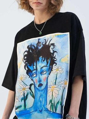 Blue Melancholic Portrait Satin Patch T-shirt - MRC STORE