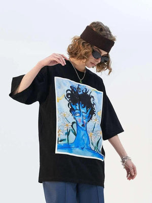 Blue Melancholic Portrait Satin Patch T-shirt - MRC STORE
