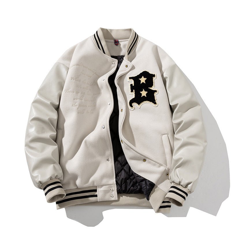 Bomber Jacket – Cotton - Padded Thickened Woolen Coat - MRC STOREJacketsMRC STOREWhite varsity jacket with black letter 'R' design on a white backgroundMRC STORECJXZ254743209IRBeige Cotton2XL