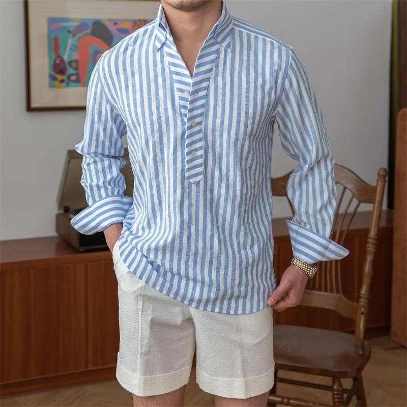 Breathable Seersucker Striped Long Sleeved Shirt - MRC STORE