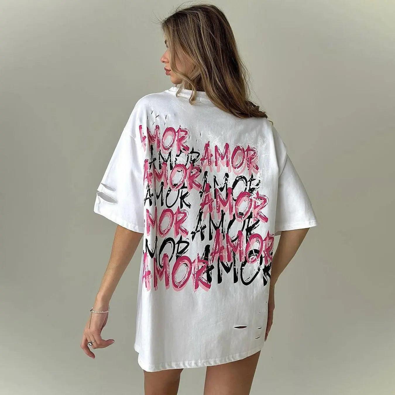 Tatted Letter Print T-Shirt - MRC STORE