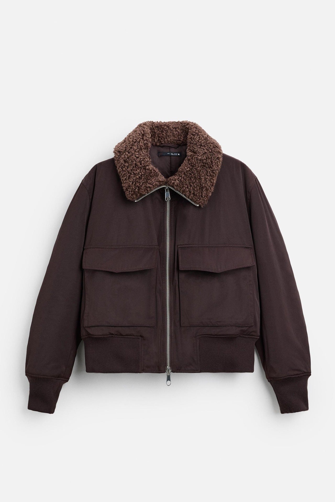 Men's dark purple cotton-padded coat with stand-up collar and pockets.