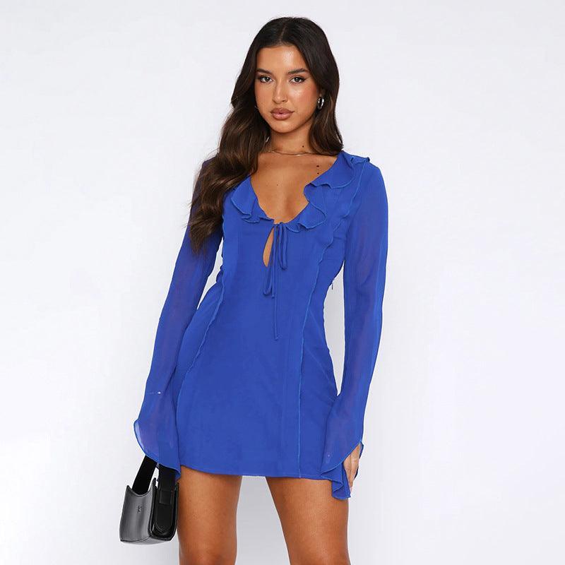 Ruffled V-neck Lace-up Long-sleeved Y2K Dress for Women - MRC STORE
