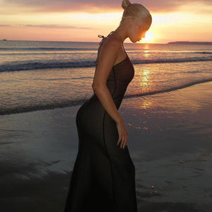 Hollow Mesh Lace-up Slim Slit Dress - Bold and Elegant Evening Wear - MRC STORE