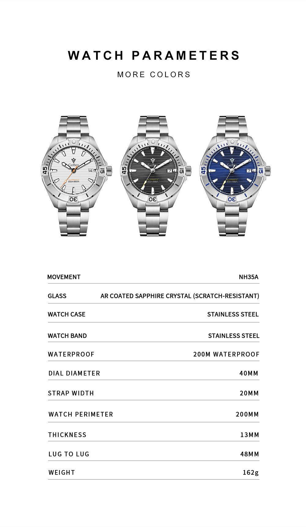 CADISEN Model C8218M new top brand sports men mechanical watches luxury automatic NH35 watch men's stainless steel 200M waterproof watch - MRC STORE